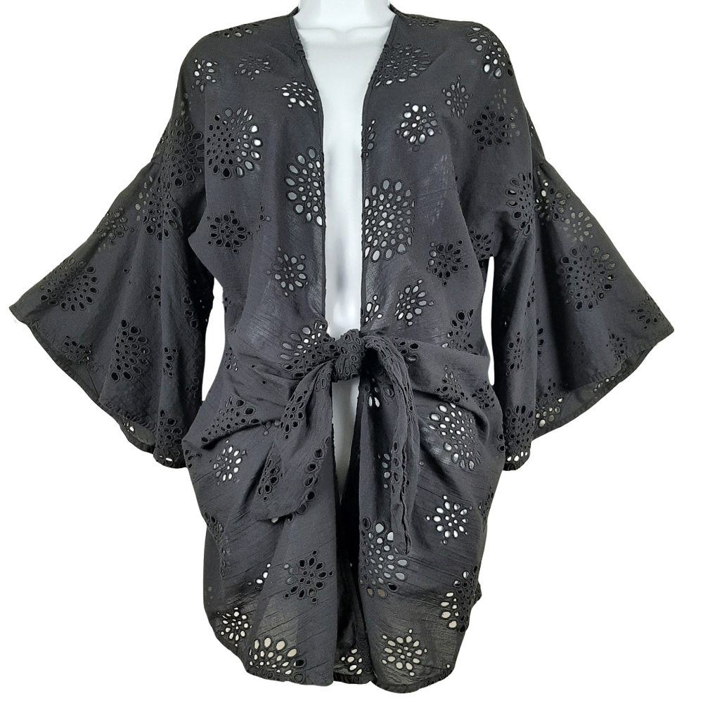 Boston Proper Boho Black  Eyelet Cotton Bell Sleeve Top Small
